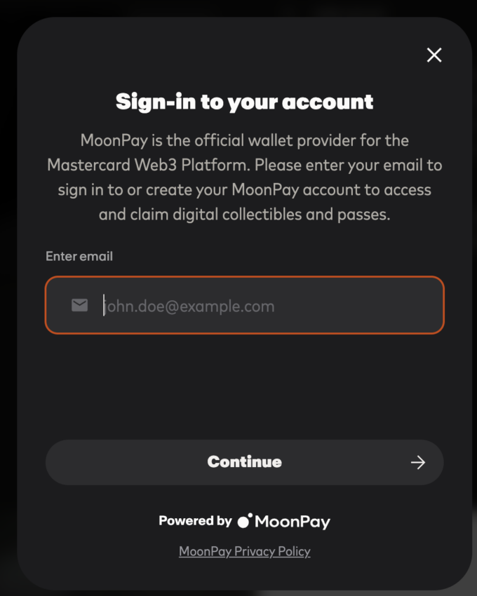 Los interesados en obtener un NFT deberán conectar su monedero de MoonPay en la plataforma de Mastercard. 